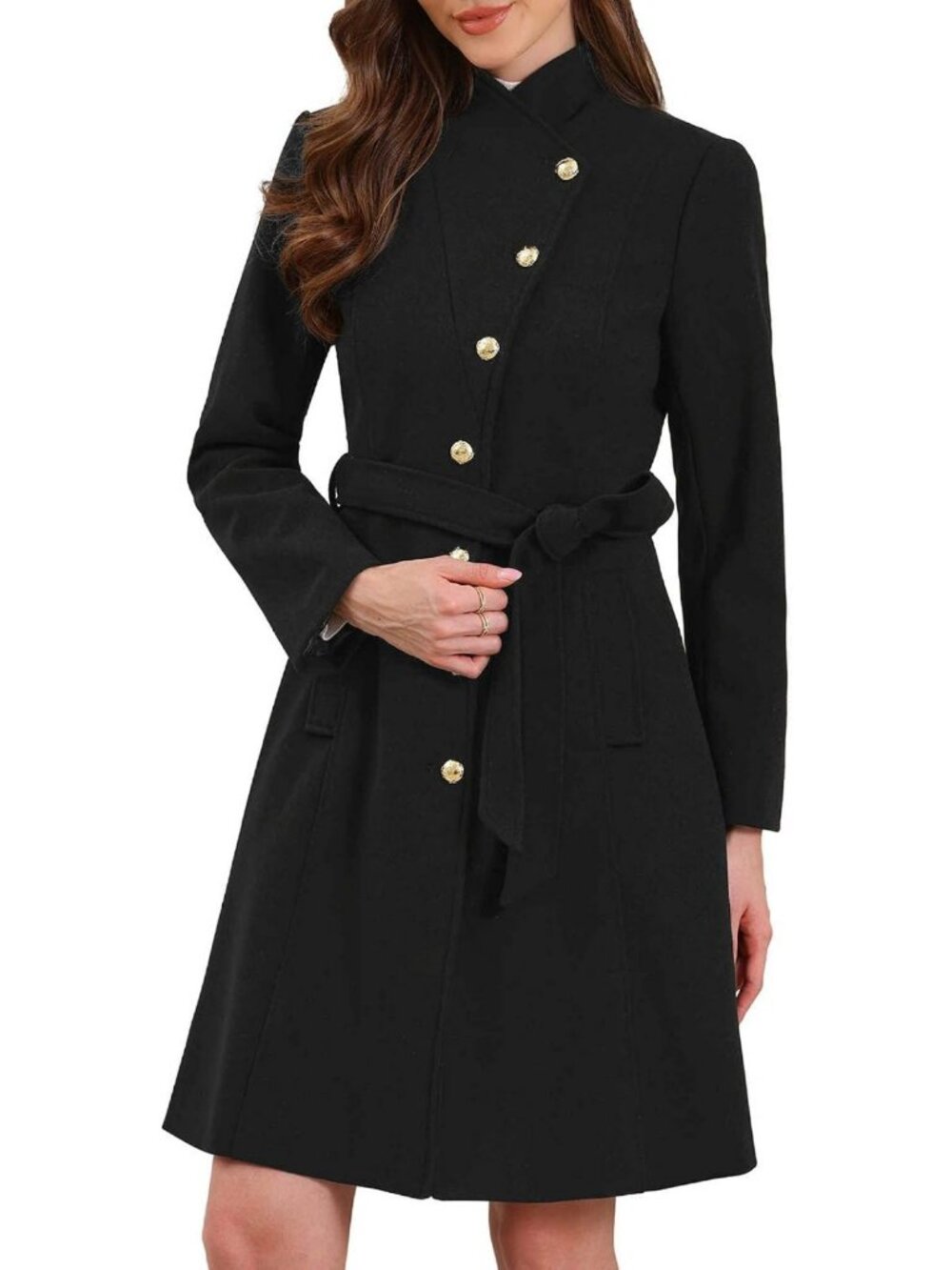 Chic Women's Long Winter Peacoat with Stand Collar & Belted Trench Style